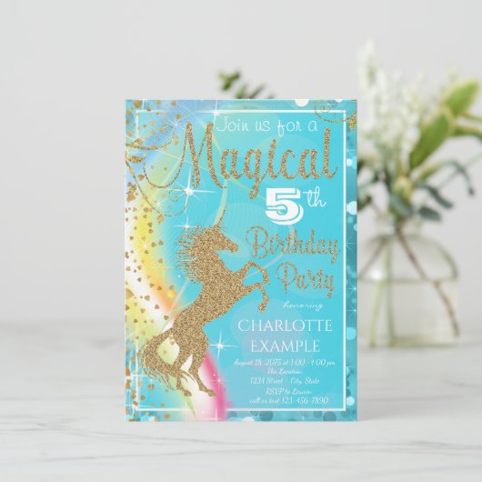 Magische eenhoorn verjaardagsfeestuitnodigingen kaart (Staand voorkant)