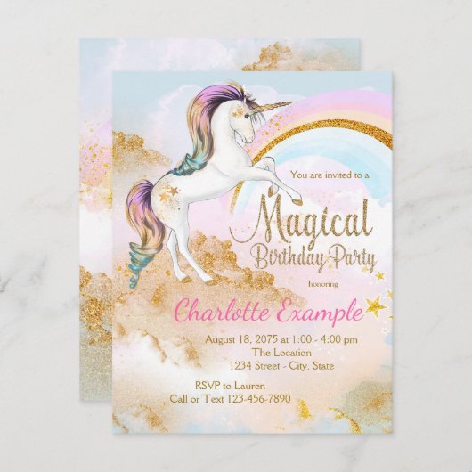 Magische eenhoorn verjaardagsfeestuitnodigingen kaart (Voorkant / Achterkant)