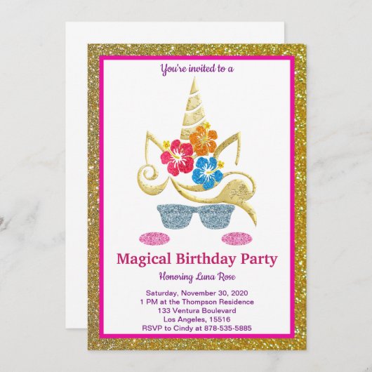 Magische Eenhoorn Verjaardagsuitnodiging Kaart (Voorkant / Achterkant)