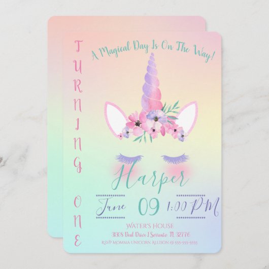 Magische Eenhoorn Verjaardagsuitnodiging Kaart (Voorkant / Achterkant)