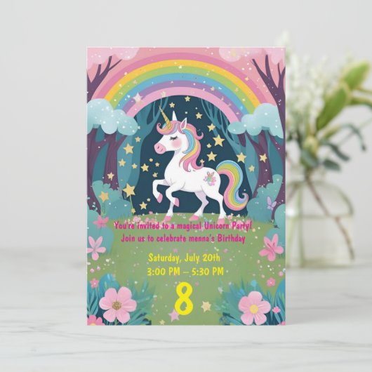 Magische Eenhoorn Verjaardagsuitnodiging voor Meis Kaart (Staand voorkant)