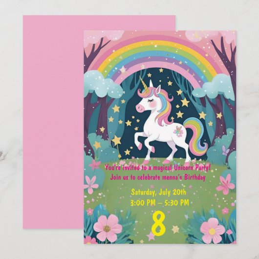 Magische Eenhoorn Verjaardagsuitnodiging voor Meis Kaart (Voorkant / Achterkant)