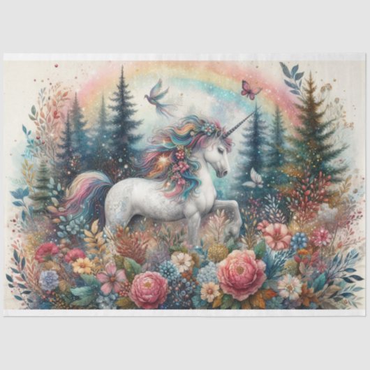 Magische Eenhoorn Waterverf Bloemenbos Decoupage Tissuepapier (Voorkant)