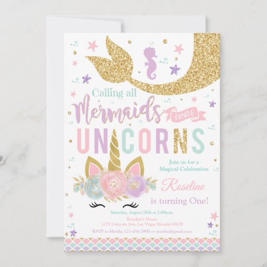 Magische Eenhoorn Zeemeermin Verjaardag Uitnodigin Kaart (Voorkant)
