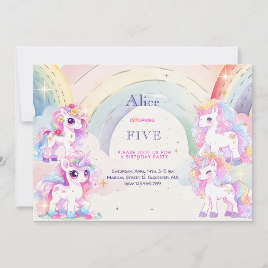 Magische eenhoorns en regenbogen waterverf verjaar kaart (Voorkant)