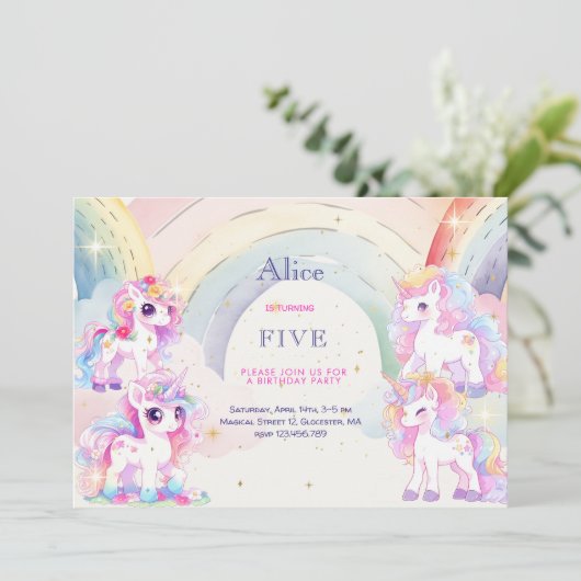 Magische eenhoorns en regenbogen waterverf verjaar kaart (Staand voorkant)