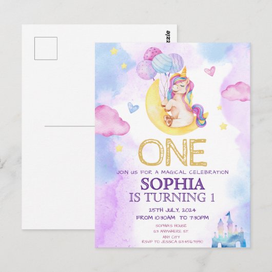 Magische Eenhoorns Paarse Waterverf Verjaardagsfee Briefkaart (Voorkant / Achterkant)