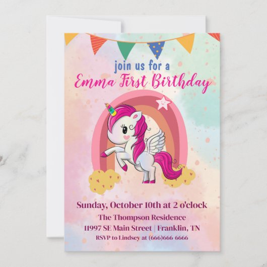 Magische Eenhoorns Roze Waterverf 1e Verjaardag Kaart (Voorkant)