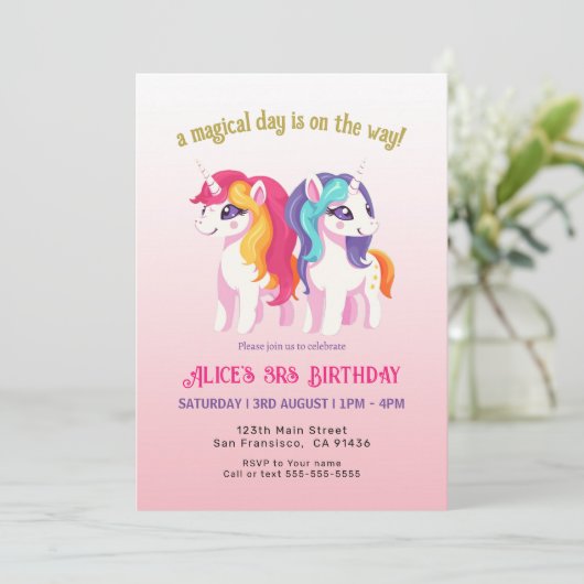 Magische Eenhoorns Roze Waterverf Verjaardagsfeest Kaart (Staand voorkant)