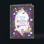 Magische en betoverende verjaardag, kleindochter kaart<br><div class="desc">Magische en wispelturige verjaardagsgroet vol kleur,  personages. Zie andere categorieën met dezelfde afbeelding. Binnen- en buitenkant zwaar ontworpen.

Enkele bloemen en wijnranken zijn voorzien van originele graphics (c)Delightful-Doodles (originele kunstwerk©delightful-doodles</div>