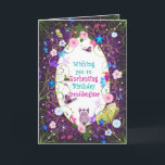 Magische en betoverende verjaardag, kleindochter kaart<br><div class="desc">Magische en wispelturige verjaardagsgroet vol kleur,  personages. Zie andere categorieën met dezelfde afbeelding. Binnen- en buitenkant zijn zwaar ontworpen.

Enkele bloemen en wijnranken zijn afkomstig van originele graphics (c)Delightful-Doodles (originele kunstwerken©delightful-doodles</div>