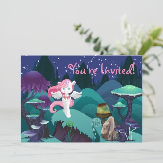 Magische Enchanting Unicorn Verjaardag Uitnodiging (Staand voorkant)