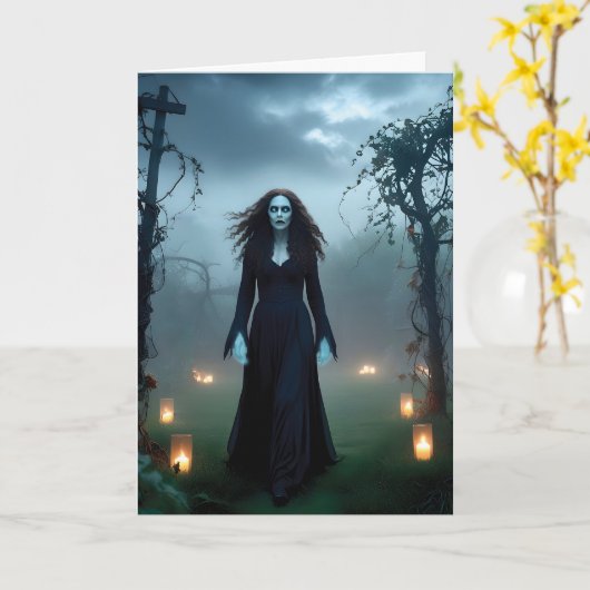 Magische, enge heks "Fijne Halloween!" Groet Kaart (Gele Bloem)