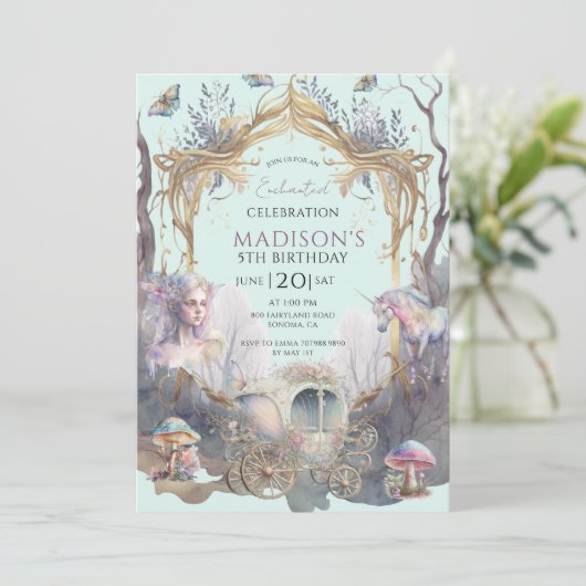 Magische Fairy Fairytale 5th Birthday Blue Party Kaart (Staand voorkant)