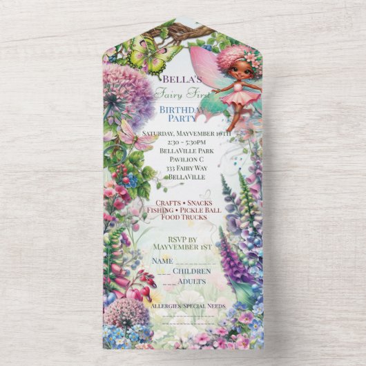 Magische Fairy Forest Eerste Verjaardagsfeest All In One Uitnodiging (Binnen)