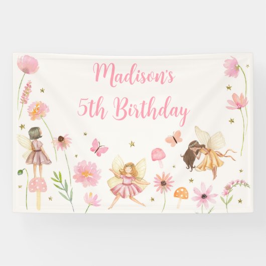 Magische Fairy Garden Floral Verjaardag Spandoek (Horizontaal)