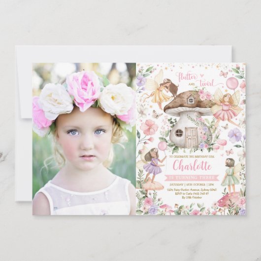 Magische Fairy Pink Paars Floral Birthday Foto Kaart (Voorkant)