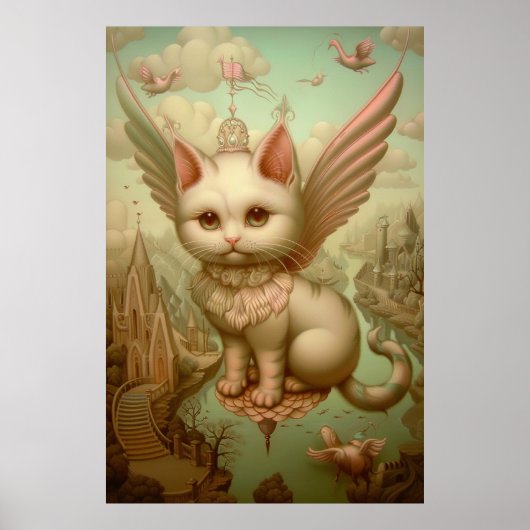 Magische fantasie landschap witte kat kunst poster (Voorkant)