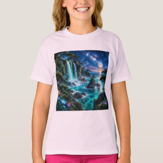 Magische Fantasie Waterval aan de Oceaan Kust Onde T-shirt