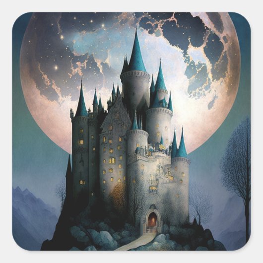 Magische Fantasy Castle Full Moon Vierkante Sticker (Voorkant)