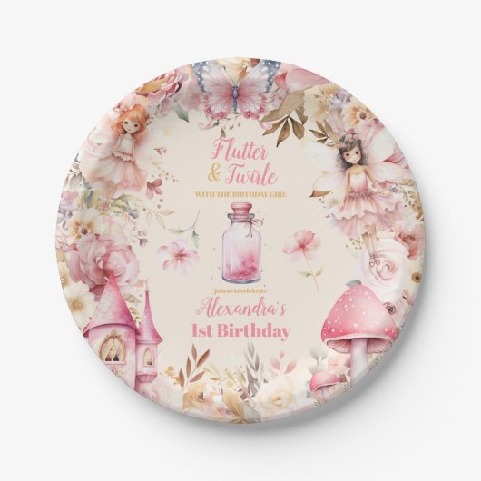 Magische fee bloementuin Pixie 1e verjaardag Papieren Bordje (Voorkant)