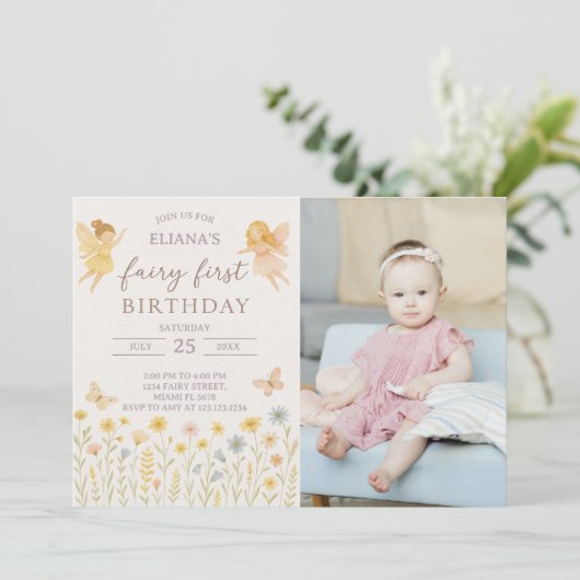 Magische fee Eerste Verjaardag Uitnodigen met foto Kaart (Staand voorkant)