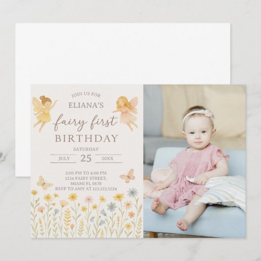 Magische fee Eerste Verjaardag Uitnodigen met foto Kaart (Voorkant / Achterkant)