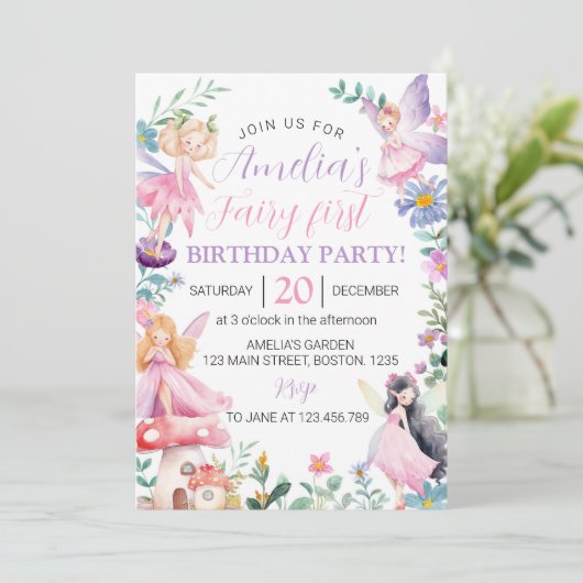 Magische Fee Eerste Verjaardag uitnodiging (Staand voorkant)