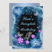 Magische fee en vlinders blauwe bloemen verjaardag kaart (Voorkant / Achterkant)
