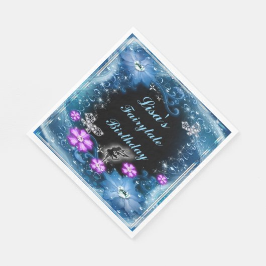 Magische fee en vlinders blauwe bloemen verjaardag servet (Hoek)