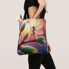 Magische fee met dauwdruppel lantaarn op de tak tote bag
