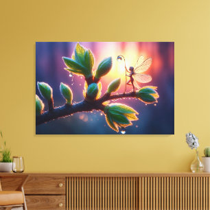 Magische fee met dauwdruppellantaarn op de tak canvas afdruk