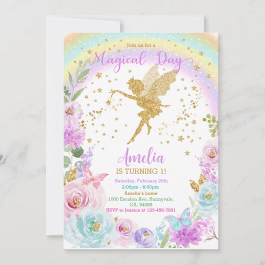 Magische Fee Regenboog Bloemen Verjaardag Uitnodig Kaart (Voorkant)
