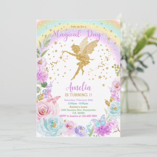 Magische Fee Regenboog Bloemen Verjaardag Uitnodig Kaart (Staand voorkant)