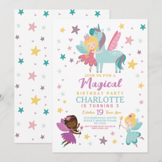 magische fee verjaardagsfeestjes wands pegasus kaart (Voorkant / Achterkant)