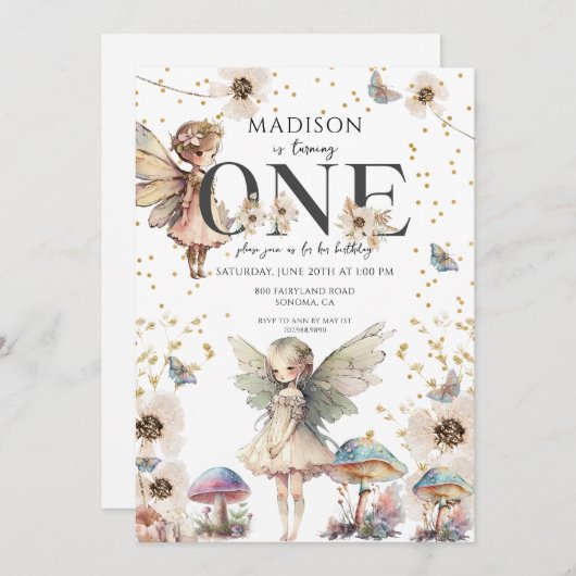 Magische feeën 1e verjaardag kaart (Voorkant / Achterkant)