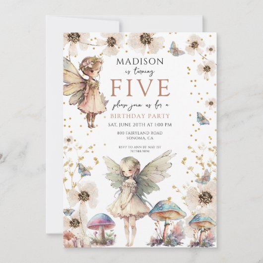 Magische feeën 5e verjaardag feestuitnodiging kaart (Voorkant)