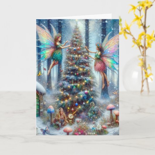 Magische feeën en elfen kerstboom kaart (Gele Bloem)