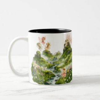 Magische Feeën & Groene Heuvels Watercolor Fantasi Tweekleurige Koffiemok