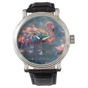 Magische Flamingo Fantasy Art met kleurrijke veren Horloge