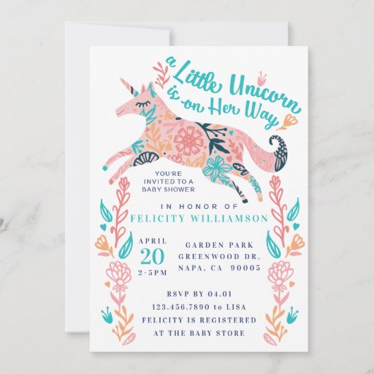 Magische Floral Unicorn Baby Girl Shower Kaart (Voorkant)