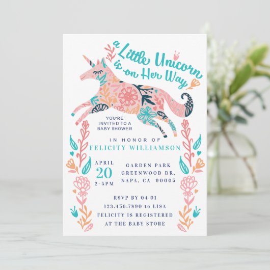 Magische Floral Unicorn Baby Girl Shower Kaart (Staand voorkant)