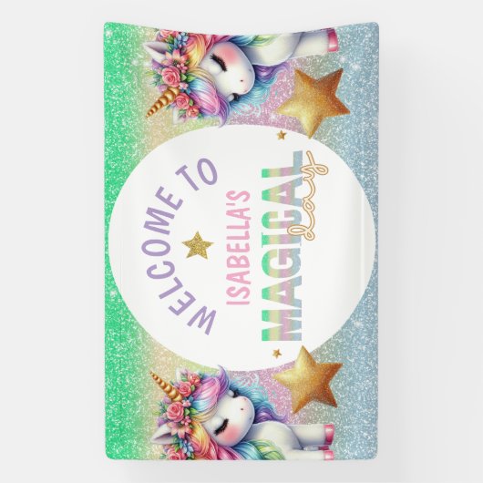 Magische glitter regenboog eenhoorn verjaardag Ban Spandoek (Verticaal)