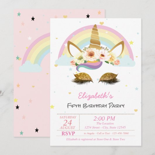 Magische Glitter Unicorn Floral Rainbow Birthday Kaart (Voorkant / Achterkant)