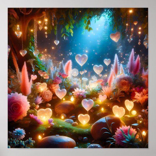 Magische gloeiende bloemen Hartentuin Poster (Voorkant)