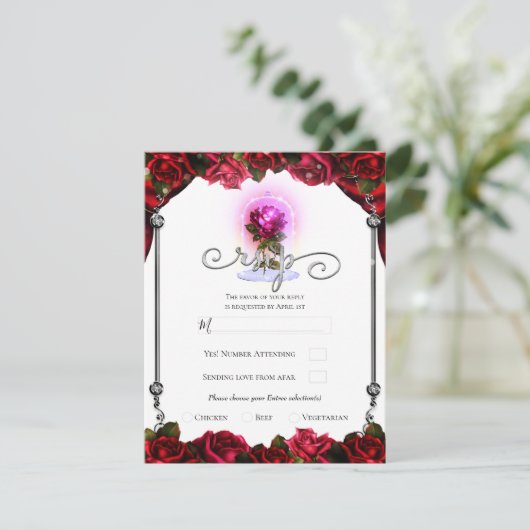Magische Glow Red Rose White Gold Silver RSVP Kaart (Staand voorkant)