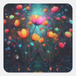 Magische Glowing Wildflowers Regenboog op Blauw Vierkante Sticker