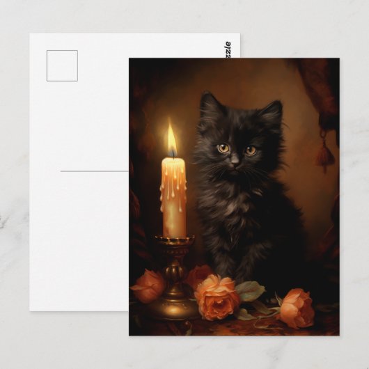 Magische Gotische Zwarte Kitten -  olieverfschilde Briefkaart (Voorkant / Achterkant)