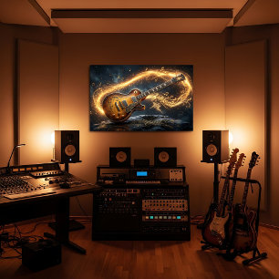 Magische Gouden Gitaar Fantasie Muzieknoten Canvas Afdruk