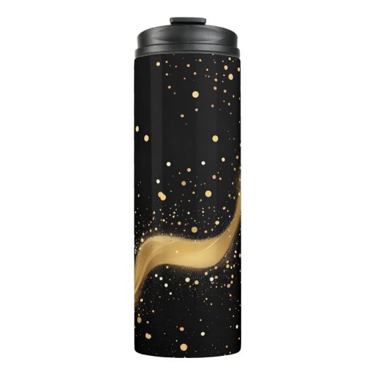 Magische Gouden Stofgolf op Zwart Thermosbeker (Voorkant)